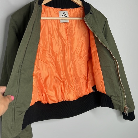 UNIF Trench Cropped Bomber Jacket Military in Olive Orange Black Women's size S - Picture 12 of 17
